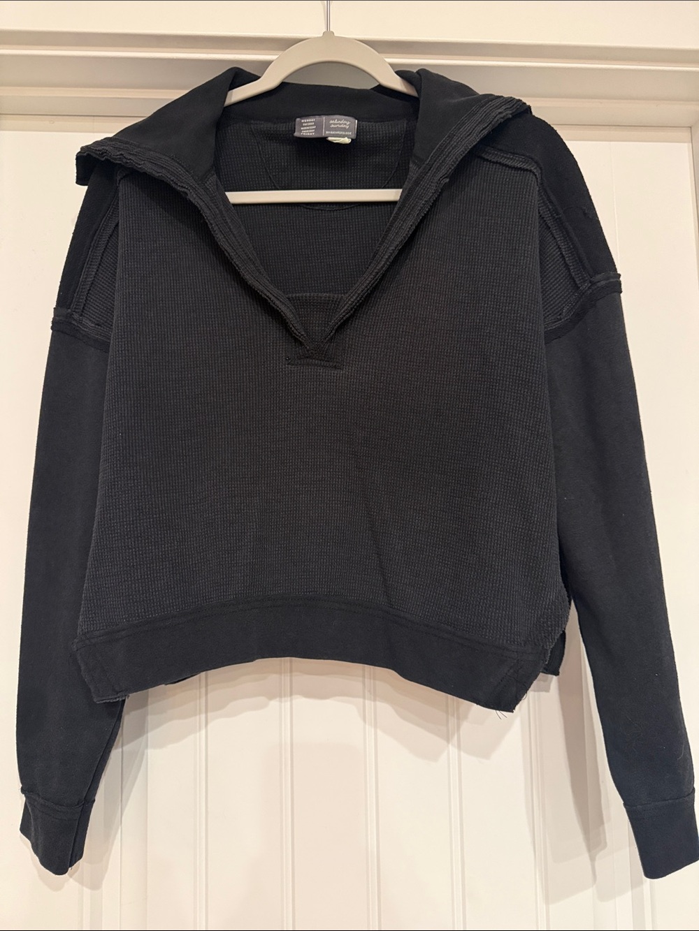 Anthropologie Black Waffle-Knit Hooded Pullover